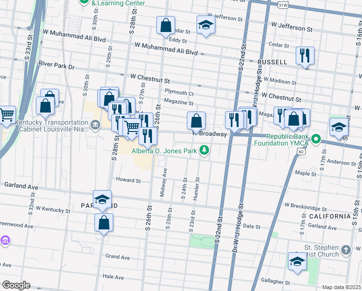 map of restaurants, bars, coffee shops, grocery stores, and more near 2420 McKindree Court in Louisville