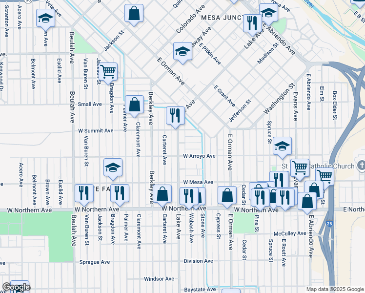 map of restaurants, bars, coffee shops, grocery stores, and more near 1032 Lake Avenue in Pueblo