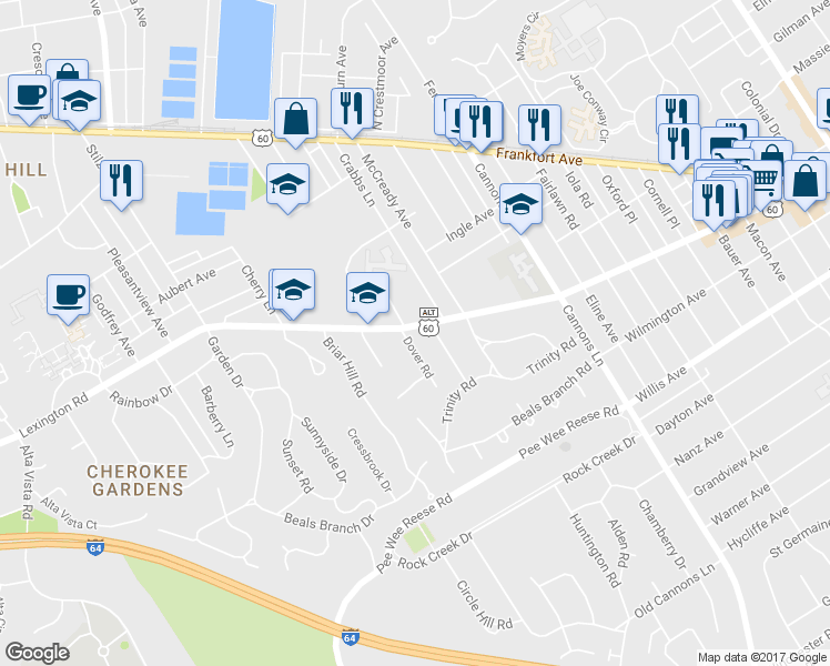 map of restaurants, bars, coffee shops, grocery stores, and more near 3228 Lexington Road in Louisville