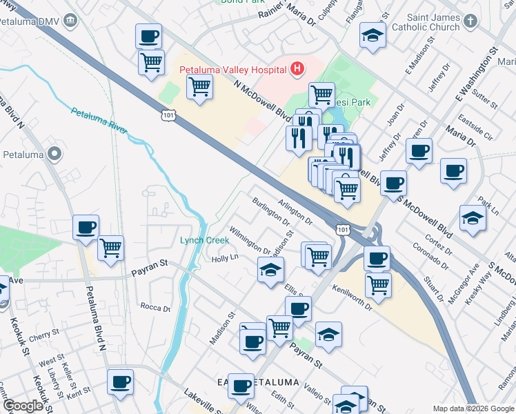 map of restaurants, bars, coffee shops, grocery stores, and more near 26 Burlington Drive in Petaluma