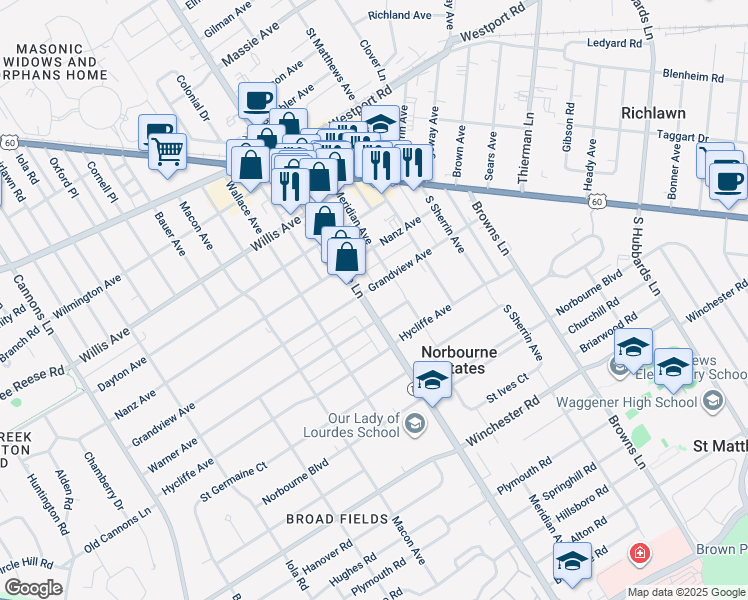 map of restaurants, bars, coffee shops, grocery stores, and more near 239 Breckenridge Lane in Louisville