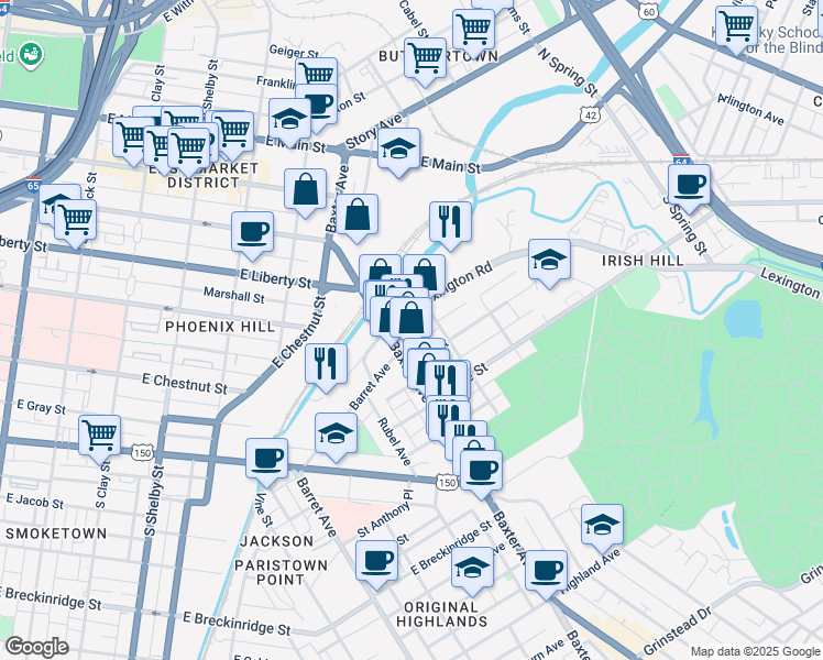 map of restaurants, bars, coffee shops, grocery stores, and more near 1112 Lexington Road in Louisville