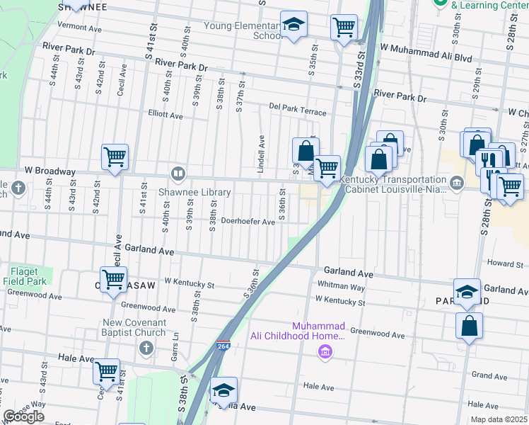 map of restaurants, bars, coffee shops, grocery stores, and more near 734 Sutcliffe Avenue in Louisville