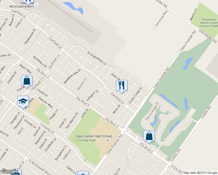 map of restaurants, bars, coffee shops, grocery stores, and more near 1019 Garfield Drive in Petaluma