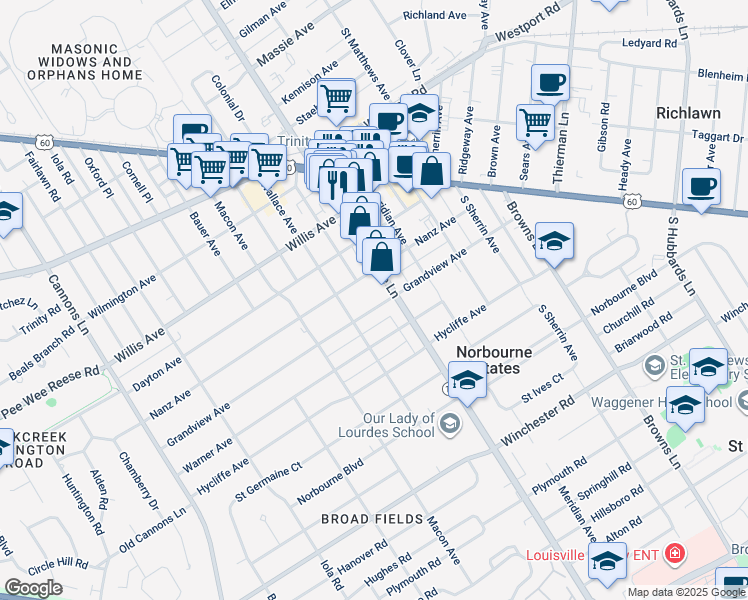 map of restaurants, bars, coffee shops, grocery stores, and more near 3813 Grandview Avenue in Louisville