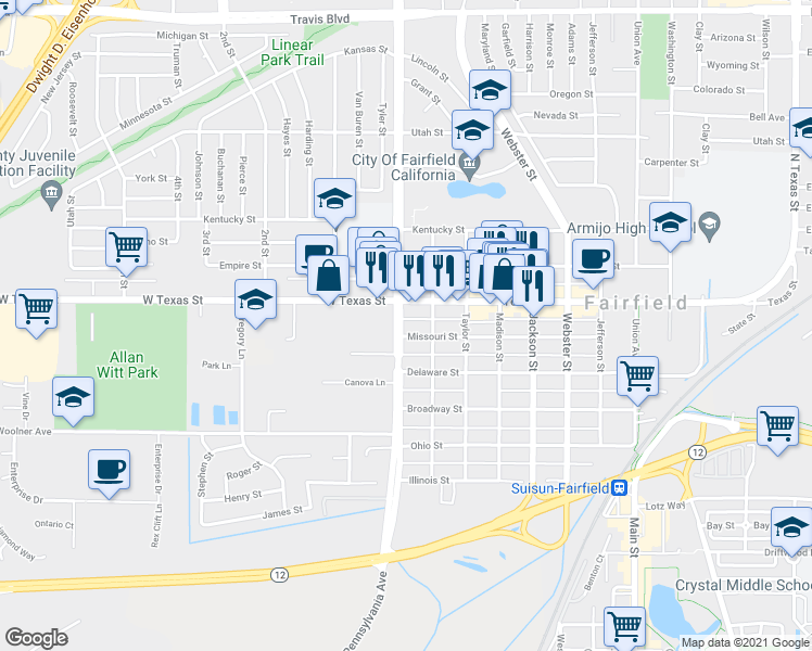 map of restaurants, bars, coffee shops, grocery stores, and more near 1216 Missouri Street in Fairfield