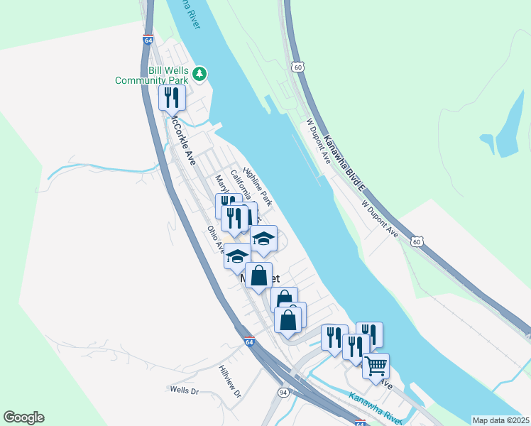 map of restaurants, bars, coffee shops, grocery stores, and more near 307 91st Street in Marmet