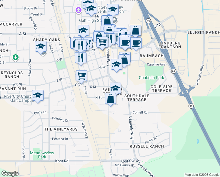 map of restaurants, bars, coffee shops, grocery stores, and more near 703 Church Street in Galt