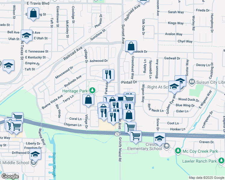 map of restaurants, bars, coffee shops, grocery stores, and more near 369 Flagstone Circle in Suisun City
