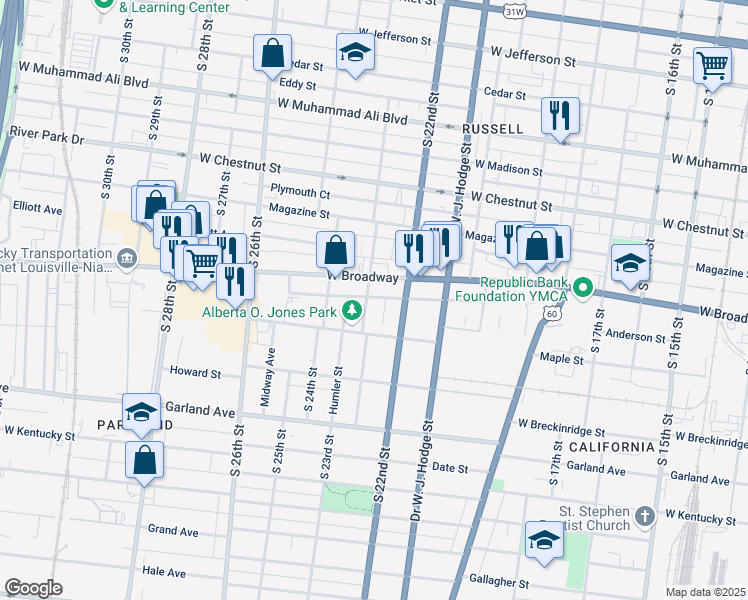map of restaurants, bars, coffee shops, grocery stores, and more near 717 South 23rd Street in Louisville