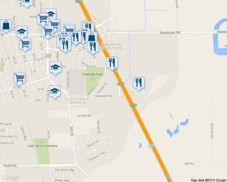 map of restaurants, bars, coffee shops, grocery stores, and more near 648 Fairway Dr in Galt