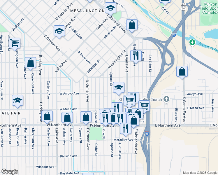 map of restaurants, bars, coffee shops, grocery stores, and more near 1029 Spruce Street in Pueblo
