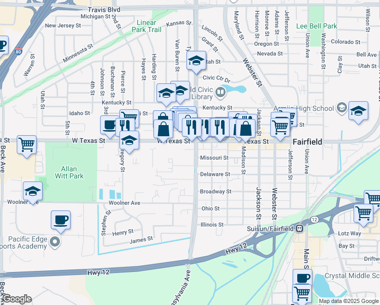 map of restaurants, bars, coffee shops, grocery stores, and more near 627 Pennsylvania Avenue in Fairfield