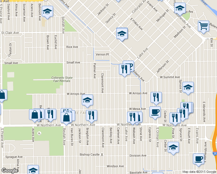 map of restaurants, bars, coffee shops, grocery stores, and more near 1029 Berkley Ave in Pueblo
