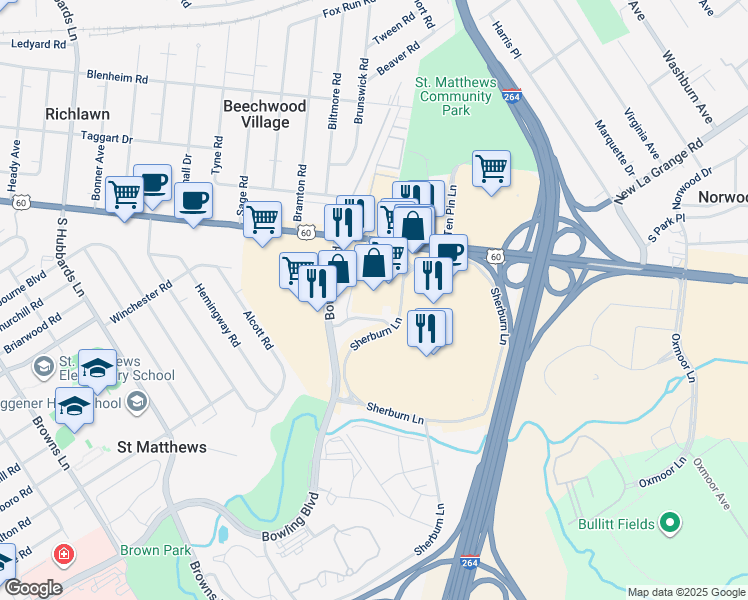 map of restaurants, bars, coffee shops, grocery stores, and more near in Louisville