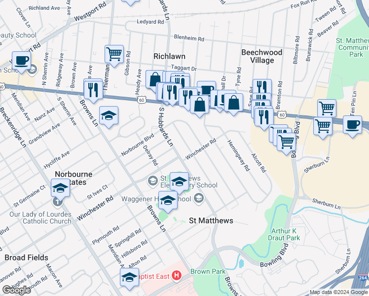 map of restaurants, bars, coffee shops, grocery stores, and more near 224 Monohan Drive in Louisville