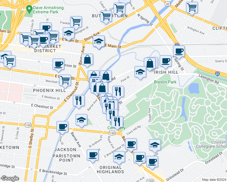 map of restaurants, bars, coffee shops, grocery stores, and more near 1205 Hull Street in Louisville