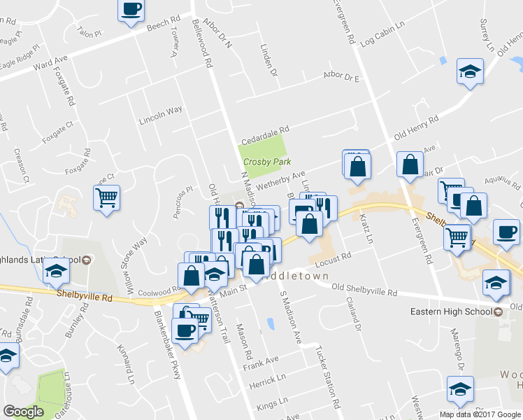 map of restaurants, bars, coffee shops, grocery stores, and more near 215 North Madison Avenue in Louisville