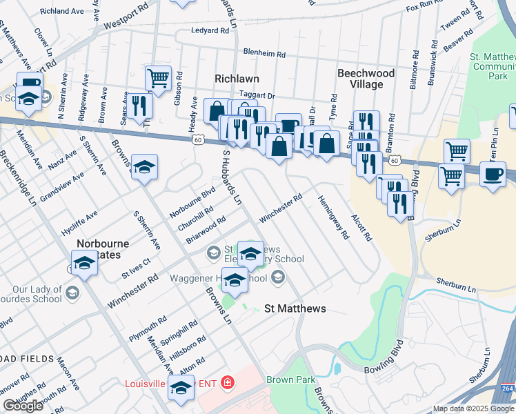 map of restaurants, bars, coffee shops, grocery stores, and more near 224 Monohan Drive in Louisville