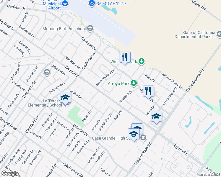 map of restaurants, bars, coffee shops, grocery stores, and more near 1002 Marylyn Circle in Petaluma