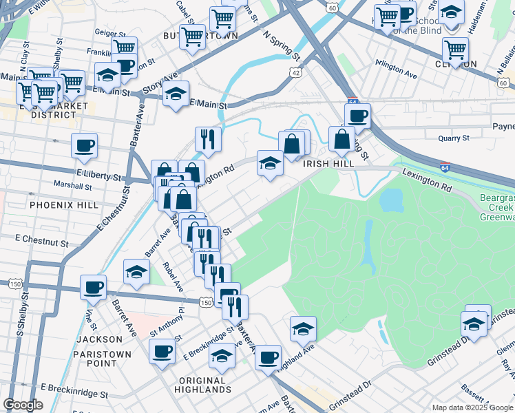 map of restaurants, bars, coffee shops, grocery stores, and more near 1319 Payne Street in Louisville