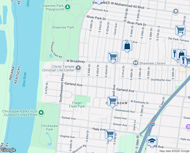 map of restaurants, bars, coffee shops, grocery stores, and more near 734 South 43rd Street in Louisville