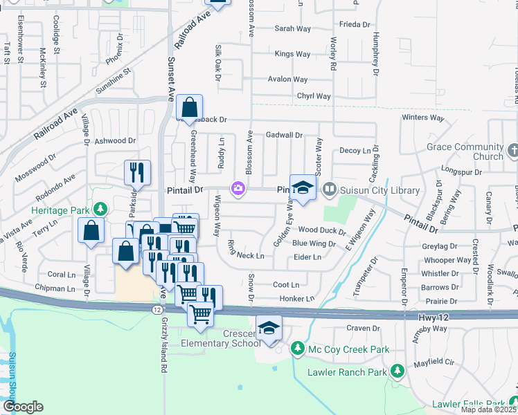 map of restaurants, bars, coffee shops, grocery stores, and more near 405 Shoveller Drive in Suisun City