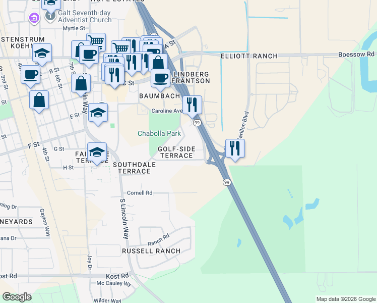 map of restaurants, bars, coffee shops, grocery stores, and more near 648 Fairway Drive in Galt
