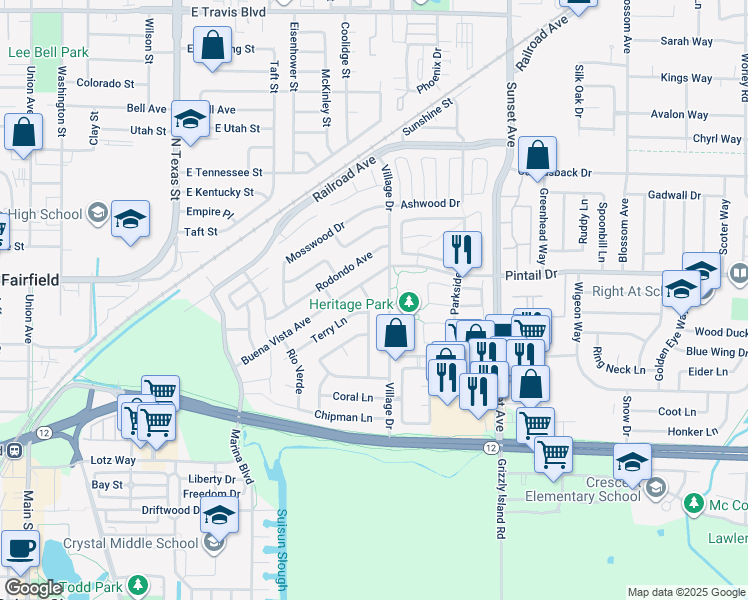 map of restaurants, bars, coffee shops, grocery stores, and more near 715 Shannon Drive in Suisun City
