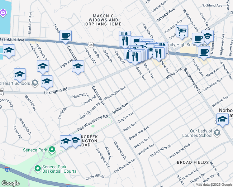 map of restaurants, bars, coffee shops, grocery stores, and more near 501 Fairlawn Road in Louisville