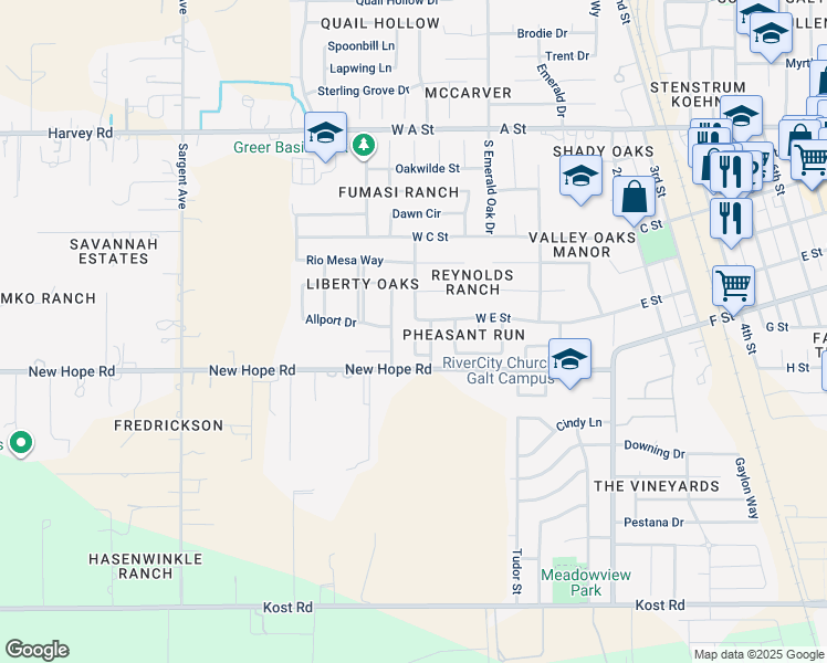 map of restaurants, bars, coffee shops, grocery stores, and more near 122 Village Run Drive in Galt