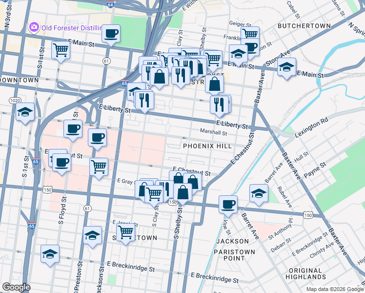 map of restaurants, bars, coffee shops, grocery stores, and more near 721 East Madison Street in Louisville