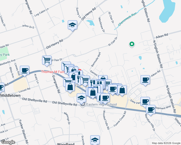 map of restaurants, bars, coffee shops, grocery stores, and more near 401 Kohler Drive in Middletown