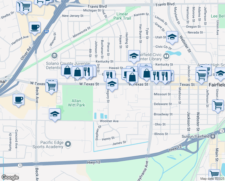 map of restaurants, bars, coffee shops, grocery stores, and more near 620 Gregory Lane in Fairfield