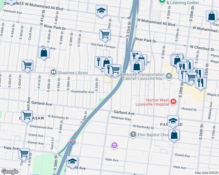 map of restaurants, bars, coffee shops, grocery stores, and more near 732 South 34th Street in Louisville
