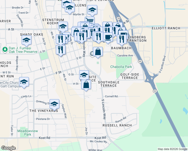map of restaurants, bars, coffee shops, grocery stores, and more near 724 G Street in Galt