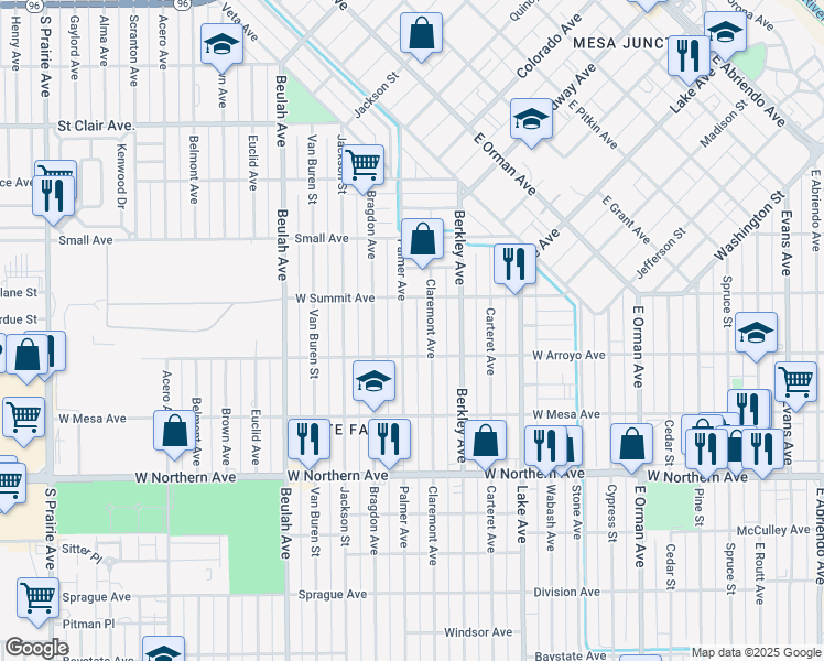 map of restaurants, bars, coffee shops, grocery stores, and more near 1022 Palmer Ave in Pueblo
