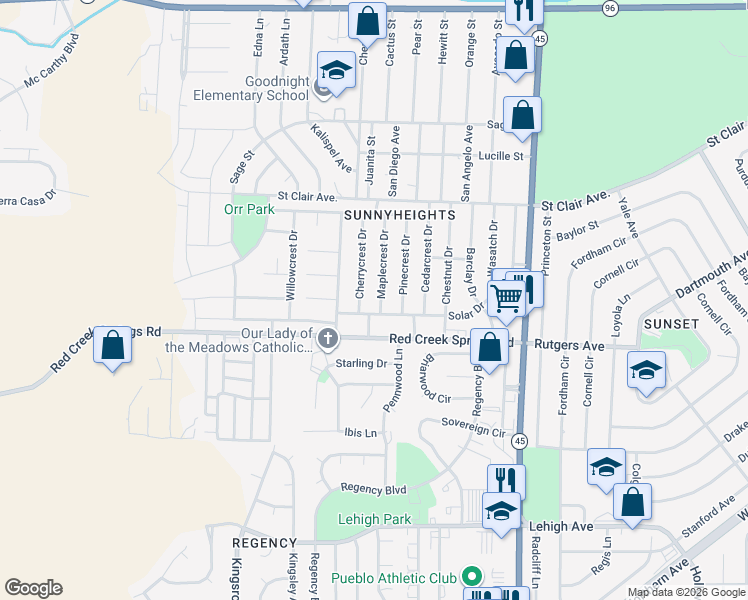 map of restaurants, bars, coffee shops, grocery stores, and more near 1019 Maplecrest Drive in Pueblo