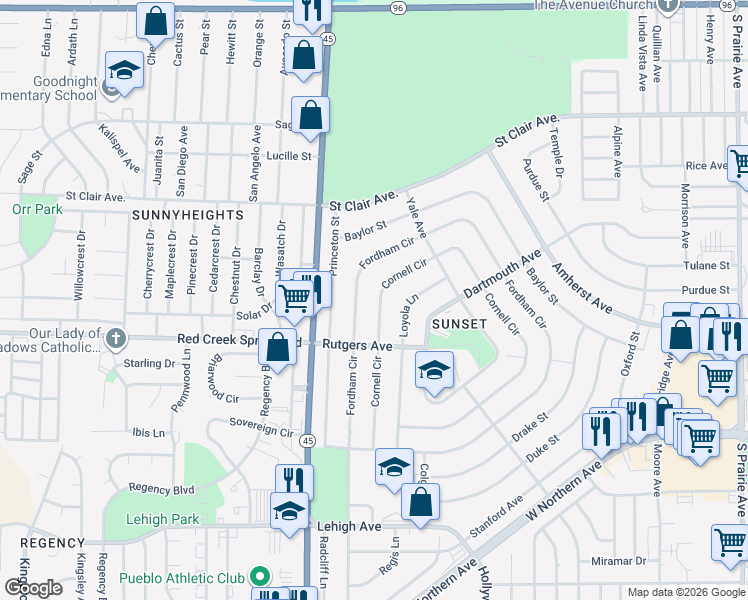 map of restaurants, bars, coffee shops, grocery stores, and more near 53 Cornell Circle in Pueblo