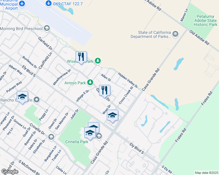 map of restaurants, bars, coffee shops, grocery stores, and more near 1920 Sheldrake Lane in Petaluma