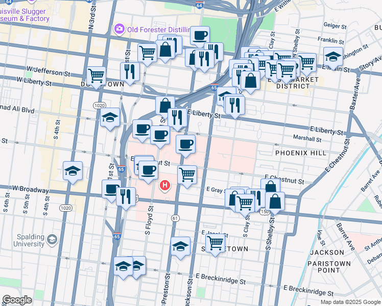 map of restaurants, bars, coffee shops, grocery stores, and more near 411 East Chestnut Street in Louisville
