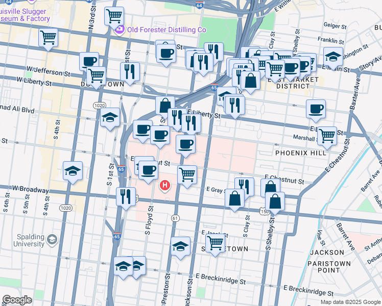 map of restaurants, bars, coffee shops, grocery stores, and more near 411 East Chestnut Street in Louisville
