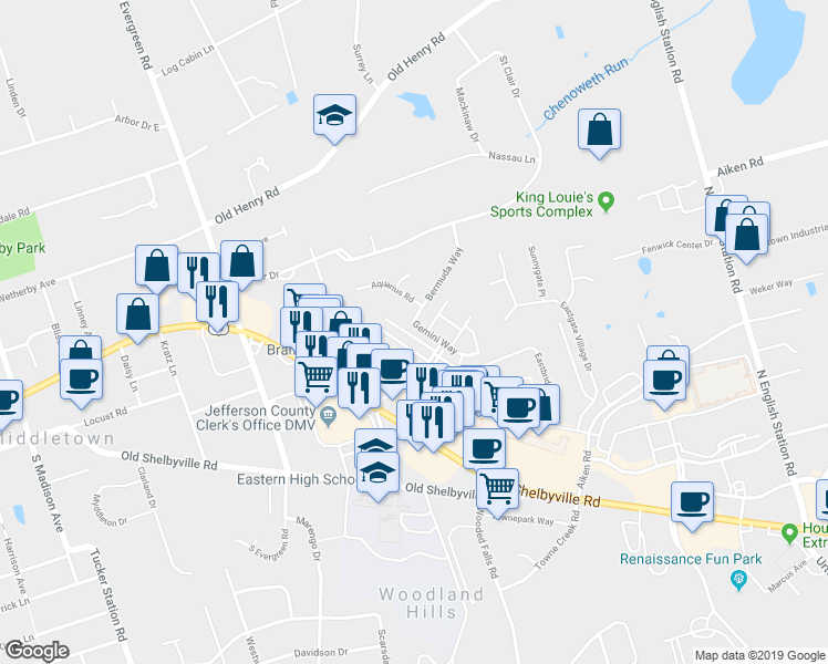 map of restaurants, bars, coffee shops, grocery stores, and more near 12516 Gemini Way in Louisville