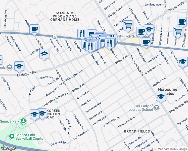 map of restaurants, bars, coffee shops, grocery stores, and more near 520 Cornell Place in Louisville