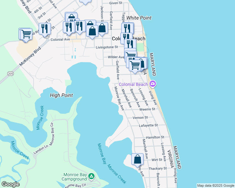 map of restaurants, bars, coffee shops, grocery stores, and more near 100 Monroe Bay Ave in Colonial Beach