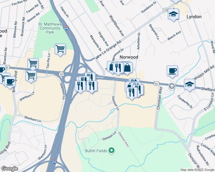 map of restaurants, bars, coffee shops, grocery stores, and more near 100 Oxmoor Lane in Louisville