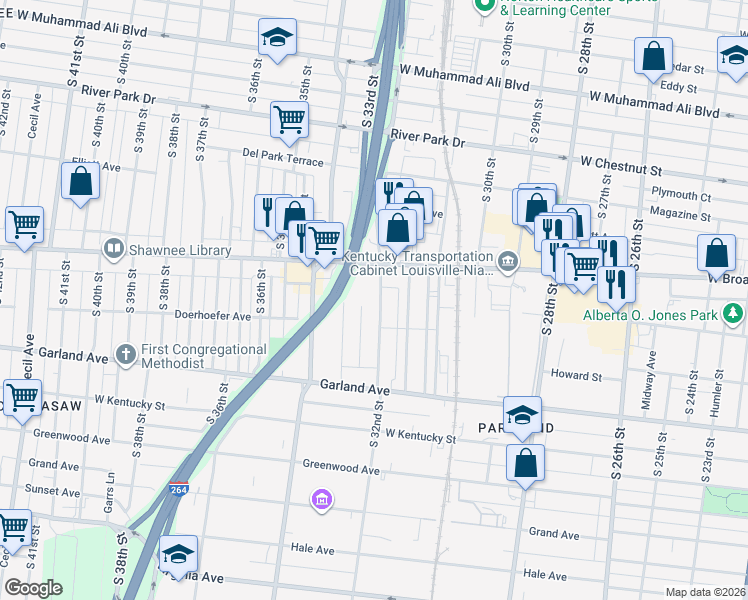 map of restaurants, bars, coffee shops, grocery stores, and more near 732 South 32nd Street in Louisville