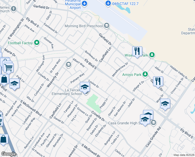 map of restaurants, bars, coffee shops, grocery stores, and more near 1716 Tampico Court in Petaluma