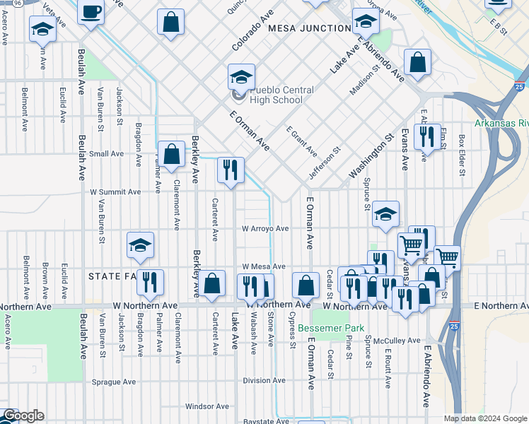 map of restaurants, bars, coffee shops, grocery stores, and more near 1100 Topaz Place in Pueblo