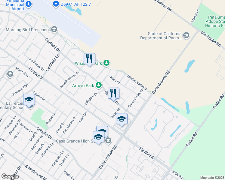 map of restaurants, bars, coffee shops, grocery stores, and more near 1019 Garfield Drive in Petaluma